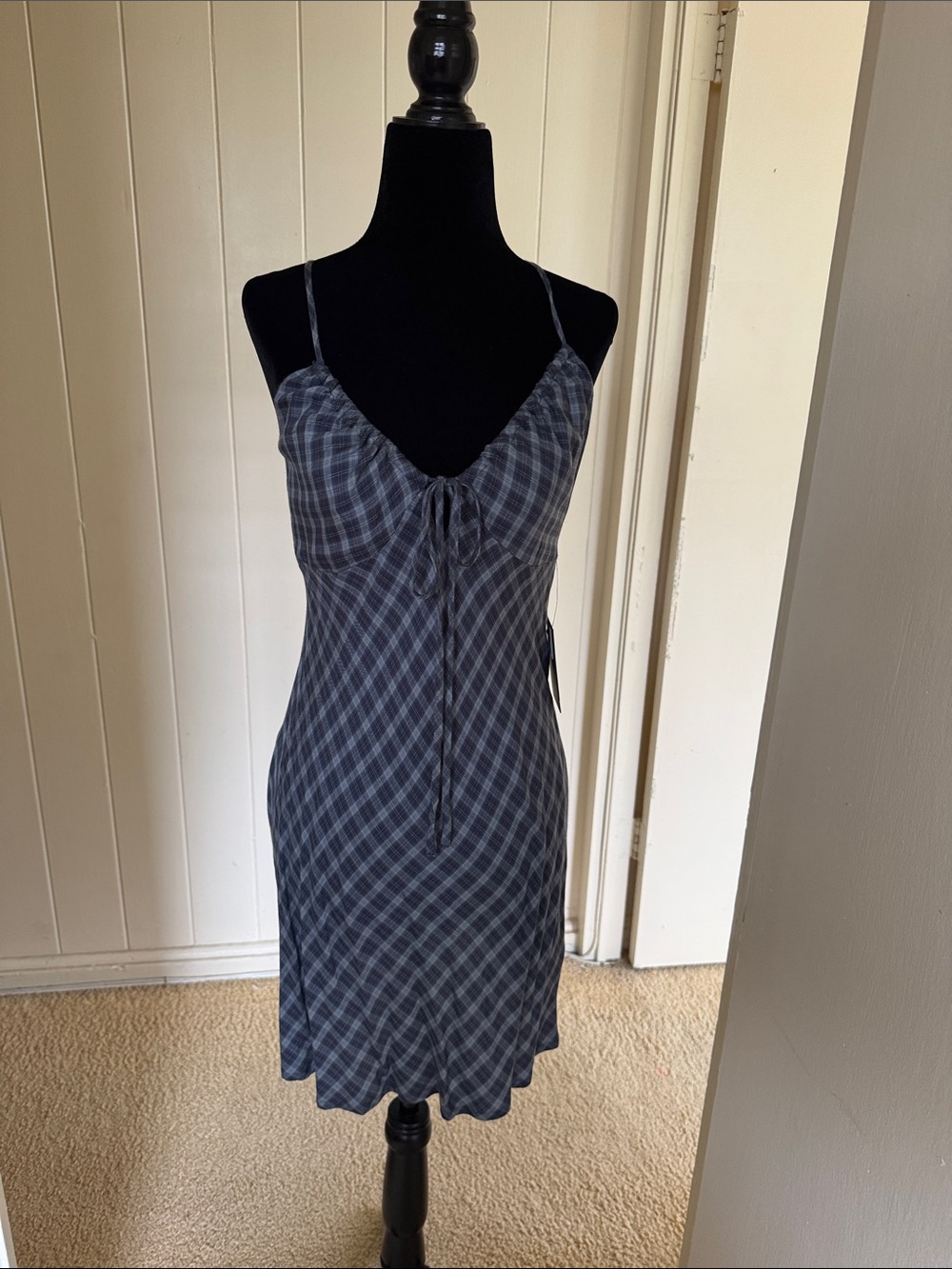 Volcom B1342409 XS Women's Navy Plaid Slip Dress with Tie Front